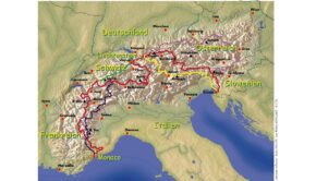 Карта маршрута Via Alpina от Триеста до Монако через восемь стран